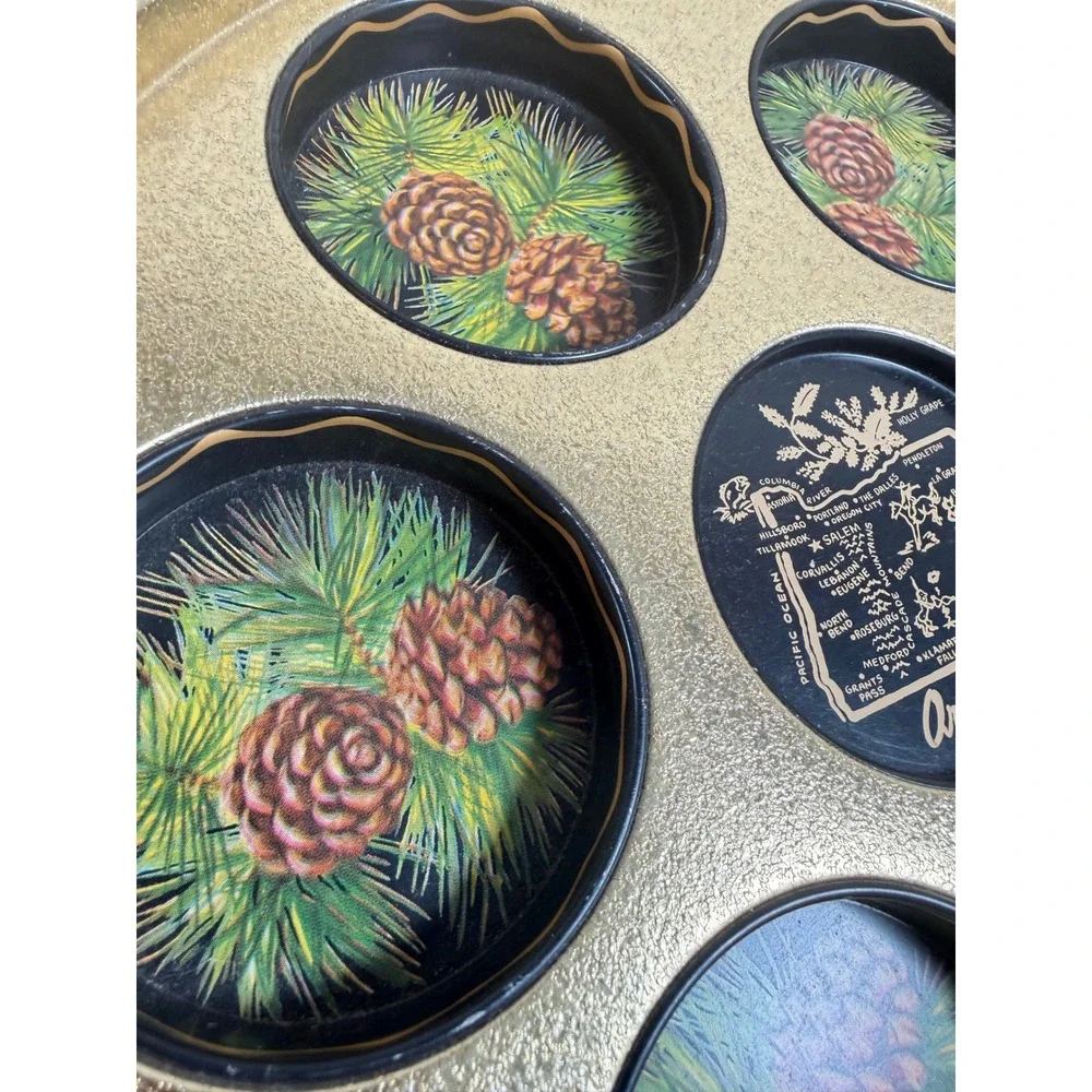 Vintage Oregon Pinecone Coaster Tray Set Gold Metal Barware 1960s MCM